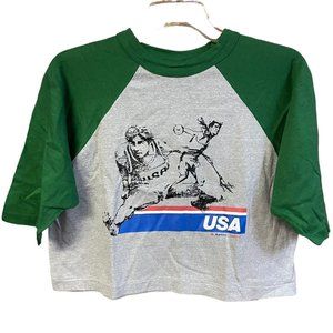 Vintage 80s 5050 Summer Olympics USA Gray Green Crop Top Tee Shirt NOS Womens XL
